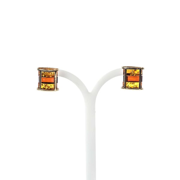 14k gold amber earrings on holder