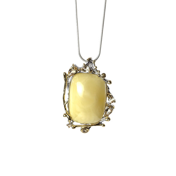 Butterscotch Amber Pendant in Silver Frame With Gemstones with Necklace