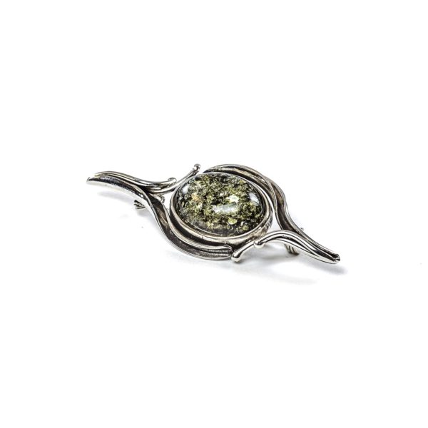 Beautiful Silver Brooch With Green Amber