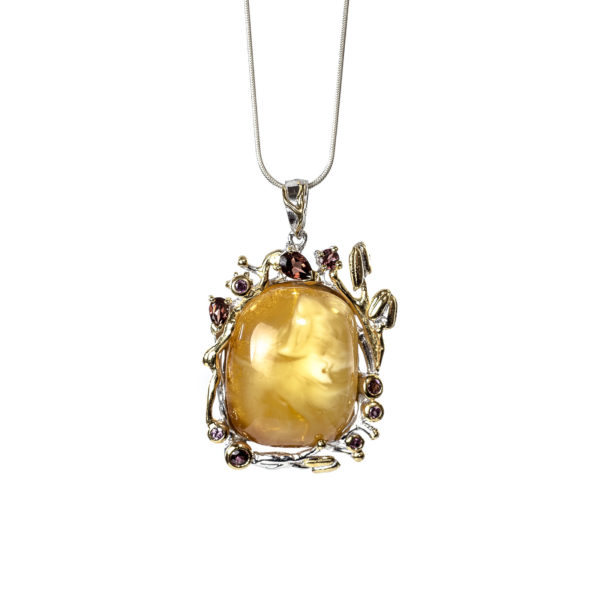 Pendant with Amber and Gemstones with Necklace