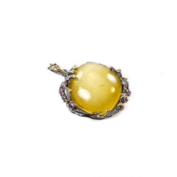 Silver Frame Vintage Pendant with Amber And Amethyst