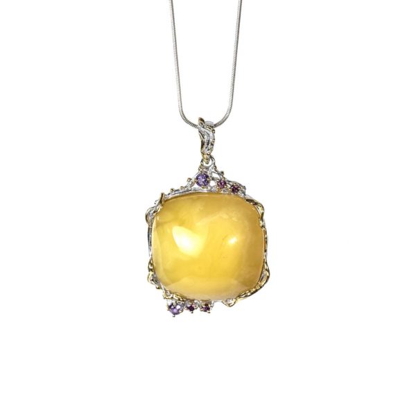 Unique Handmade Pendant with Amber and Amethyst with Necklace