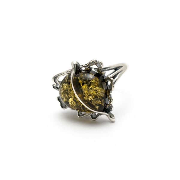 Vintage Silver Ring with Green Sparkling Amber