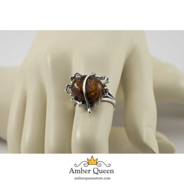 Vintage Silver Ring with Cognac Amber on Hand