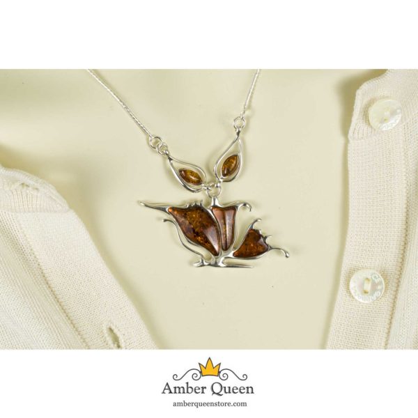 Silver Necklace with Sparkling Cognac Amber Stone on Mannequin close