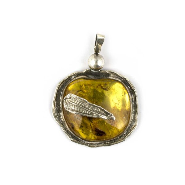 Vintage Massive Amber Pendant Medallion with Insect Wings Inclusions