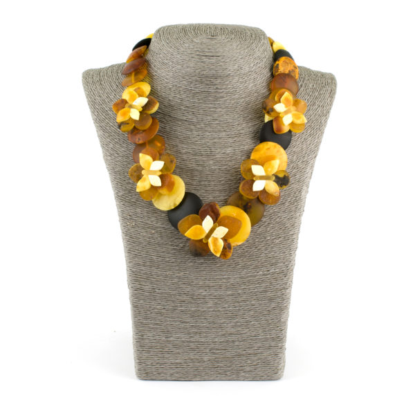 Amber Necklace Disks Buterfly and Flowers