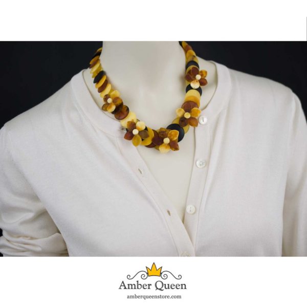 Unpolished Disc Beads Colorful Amber Necklace with Flowers on Mannequin
