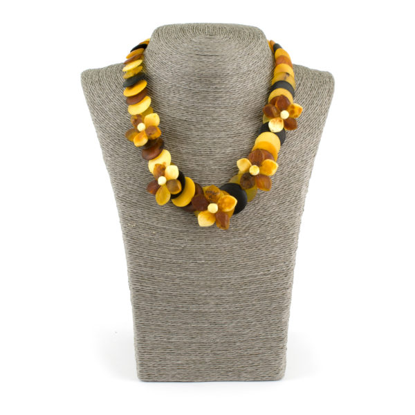 Unpolished Disc Beads Colorful Amber Necklace with Flowers